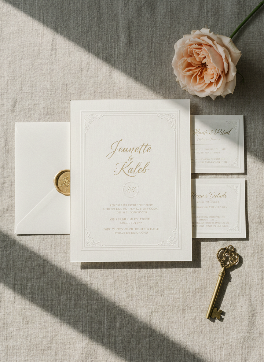 An elegant flat-lay of a sophisticated wedding invitation suite for “Jeanette & Kaleb,” featuring thick, ivory cotton cardstock with blind-debossed borders, subtle gold-foil names, and a delicate monogram. The pieces are arranged neatly on a soft linen surface in muted sand tones, accented by a single, pale blush rose and a vintage brass key. Soft, natural window light from the left creates gentle highlights on the foil and faint shadows along the paper edges. Shot in photographic realism from directly above with a shallow depth of field, the composition feels refined and modern, evoking anticipation for a timeless San Diego wedding without showing any people.