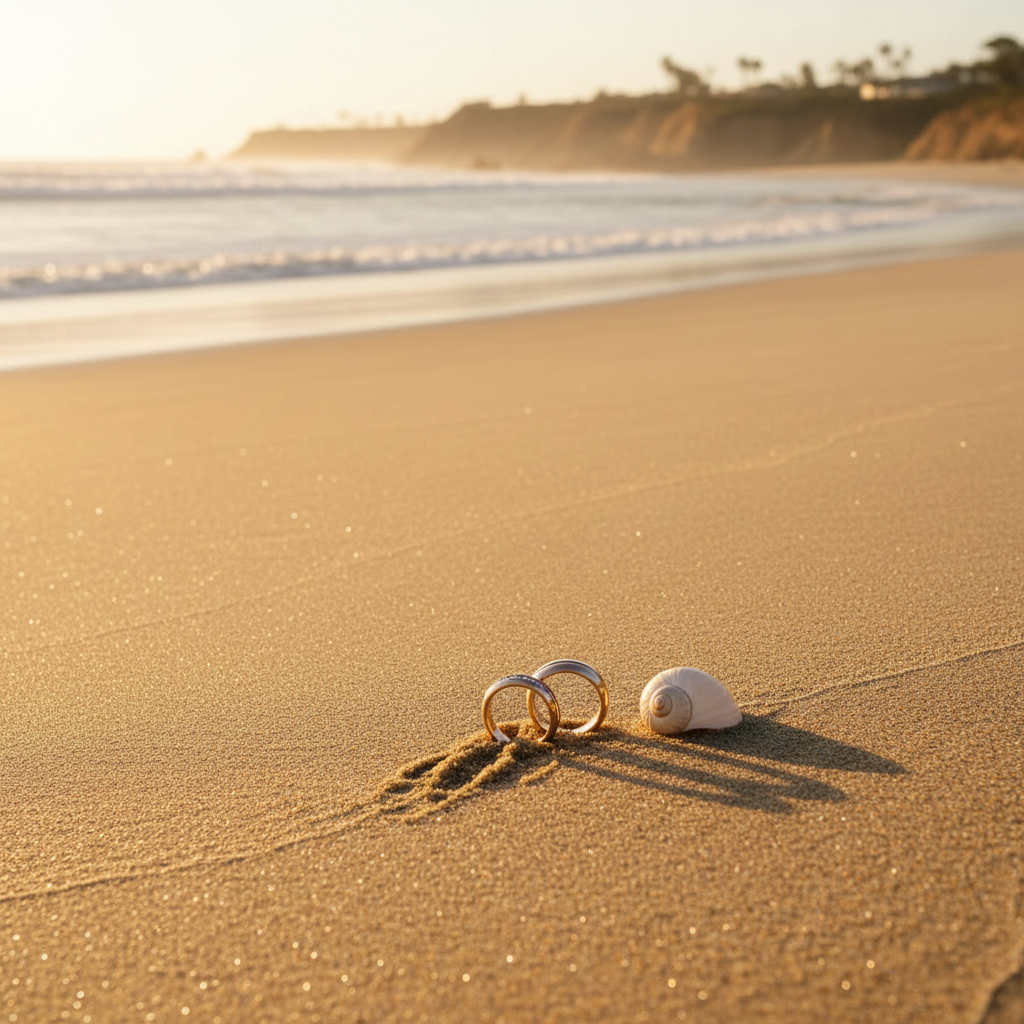 A serene coastal scene of San Diego’s shoreline at golden hour, rendered in photographic realism. The image focuses on smooth, pale sand leading to calm, shimmering waves, with a distant, soft-focus silhouette of low coastal cliffs. A pair of polished champagne-colored wedding bands rests near the foreground, partially nestled in the sand beside a single white seashell. Warm, diffused sunset light casts a golden glow across the water and creates long, soft shadows in the sand. Captured at a low angle with the rings in crisp focus and the horizon gently blurred, the mood is romantic, sophisticated, and anticipatory of a September seaside celebration.
