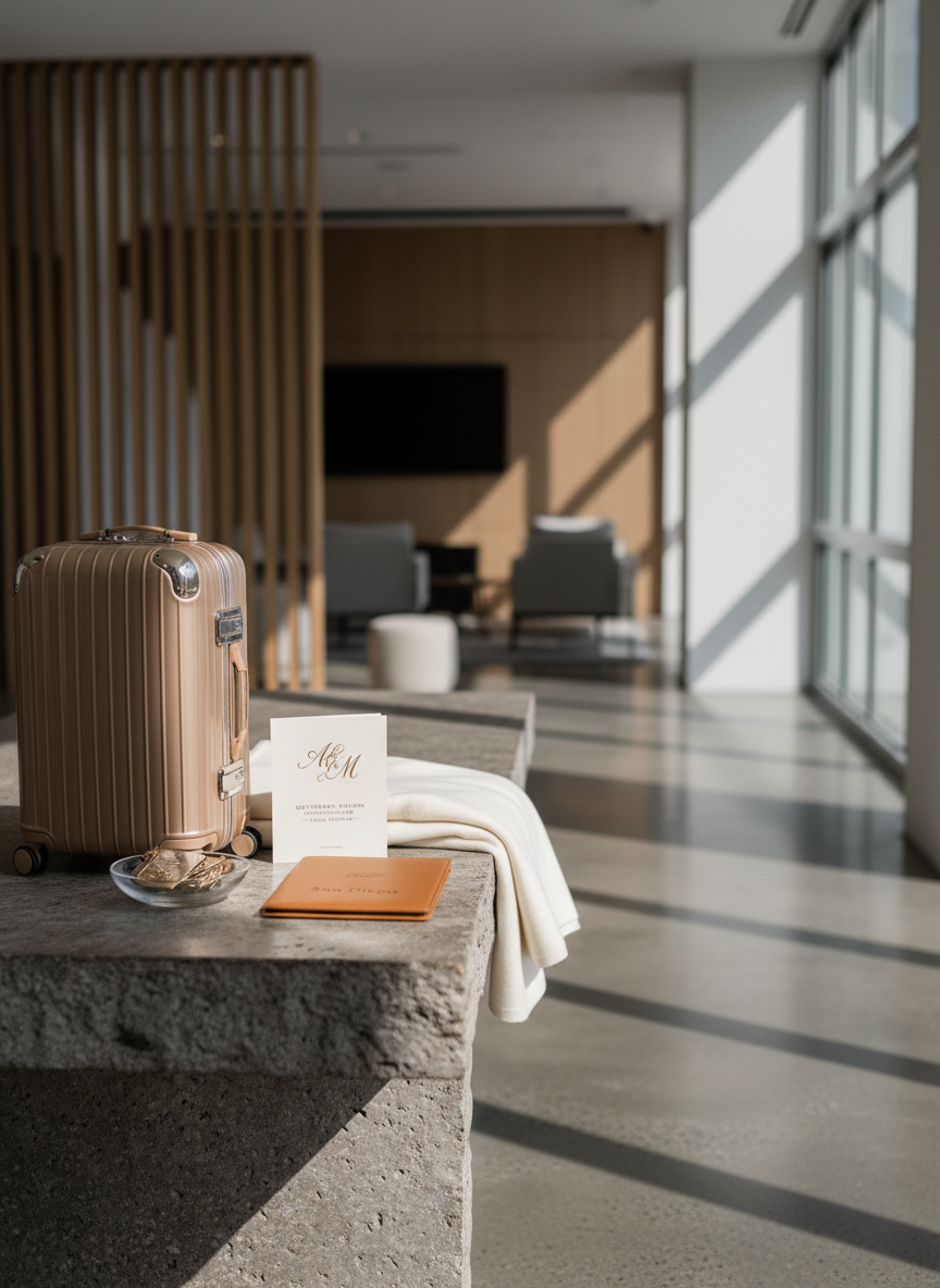 A stylish vignette of refined wedding travel essentials arranged on a textured stone console table in a modern hotel lobby. A sleek, hard-shell champagne-colored suitcase stands upright beside a neatly folded ivory cashmere throw and a slim leather-bound travel guide labeled “San Diego.” Nearby, a small glass bowl holds room keys and a classic brass luggage tag engraved with an elegant monogram. Soft, diffused afternoon light filters through tall windows, casting clean, elongated shadows on the polished floor. Captured in photographic realism from a three-quarter angle, the background is tastefully blurred, hinting at contemporary architecture. The mood is calm, organized, and welcoming, subtly guiding guests toward travel planning for the September 26th celebration.
