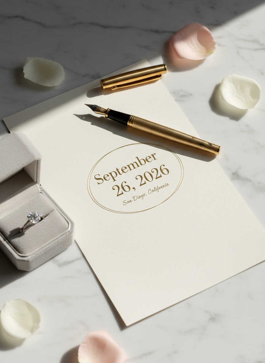 A romantic still life of the wedding date, “September 26, 2026,” subtly highlighted within a refined calendar page resting on a smooth marble surface. The date is circled with a delicate gold ink ring, and a slim, vintage-inspired fountain pen lies diagonally across the page. Nearby, an understated velvet ring box in soft dove gray sits slightly open, revealing a simple, elegant solitaire ring. Natural afternoon light streams from the right, creating soft shadows and a gentle sheen on the marble. Captured in photographic realism from a slightly elevated angle with shallow depth of field, the composition feels intimate, ceremonial, and sophisticated, drawing attention to the significance of the wedding day in San Diego.