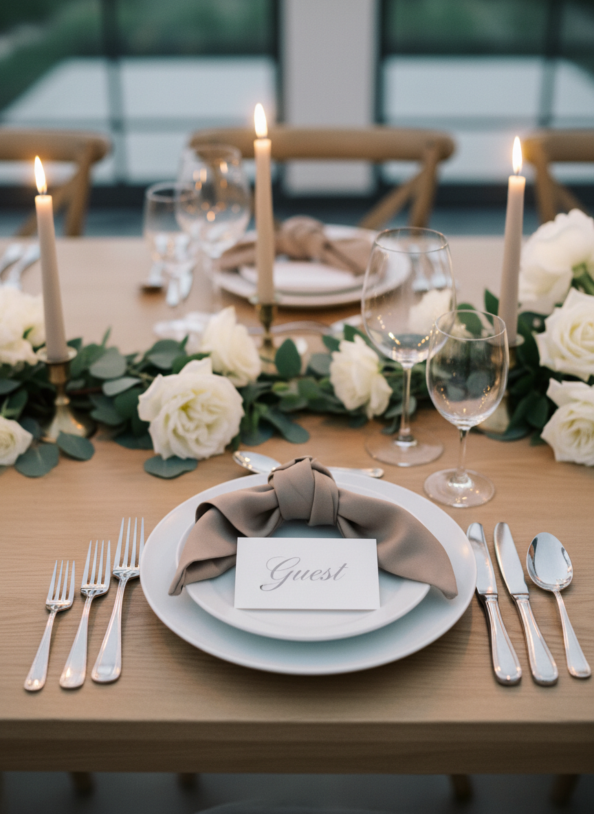 A close-up of an artfully styled wedding reception table setting, captured in photographic realism. The focus is on a single place setting with a matte white porcelain plate, a silk taupe napkin tied in a loose knot, and a minimal place card embossed with “Guest” in understated gray lettering. Crystal-clear stemware and polished silver flatware catch the warm glow of candlelight from slender taper candles in brushed gold holders. The table is a light oak surface, adorned with low arrangements of white and cream flowers with eucalyptus greenery. Soft evening light mixes with candlelight, creating a gentle, intimate ambiance. Shot at eye level with a shallow depth of field, the composition feels luxurious yet minimalist, perfect for a sophisticated wedding dinner in San Diego.