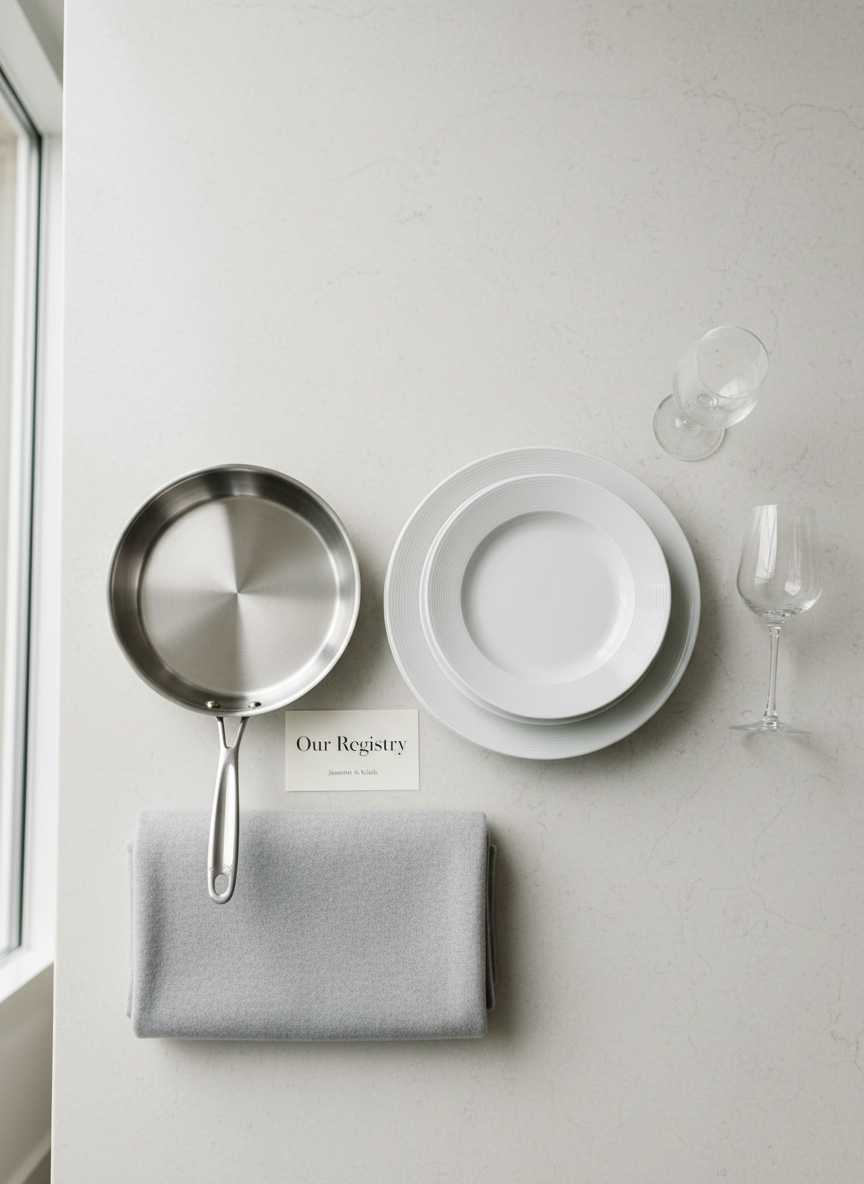 An elevated flat-lay of a curated wedding registry display on a pale stone countertop, styled in photographic realism. The arrangement includes a stack of fine white porcelain dinner plates with a subtle rim, a pair of crystal wine glasses, a brushed stainless steel skillet, and a folded dove-gray cashmere throw, all meticulously aligned. A small, tasteful card reading “Our Registry” in sleek serif typography rests near the center. Soft, indirect daylight from a nearby window creates gentle reflections on the glass and metal, while keeping the palette neutral and calming. Shot from directly above with balanced composition and ample negative space, the scene feels modern, aspirational, and sophisticated, inviting guests to explore Jeanette and Kaleb’s carefully chosen registry items.