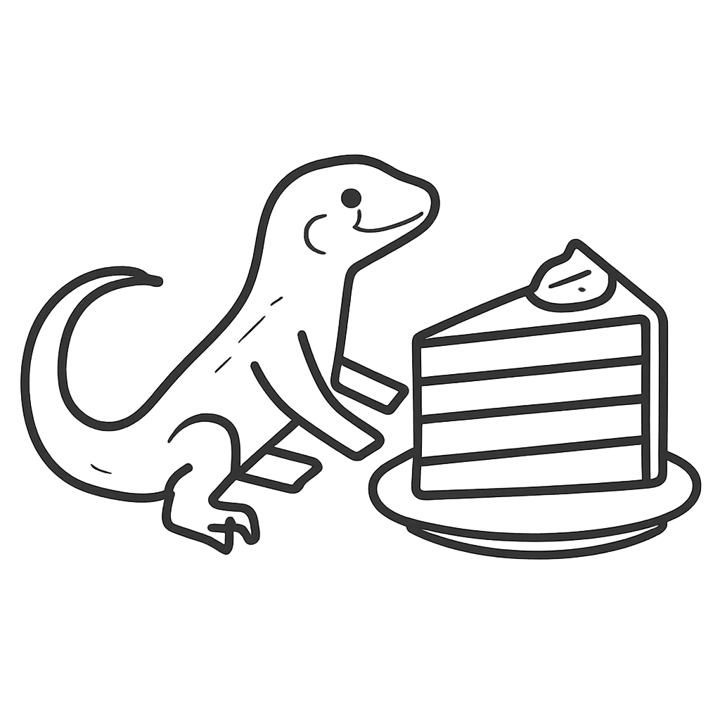 A playful yet sophisticated logo featuring a whimsical newt and an elegant piece of cake, suitable for a wedding-themed website